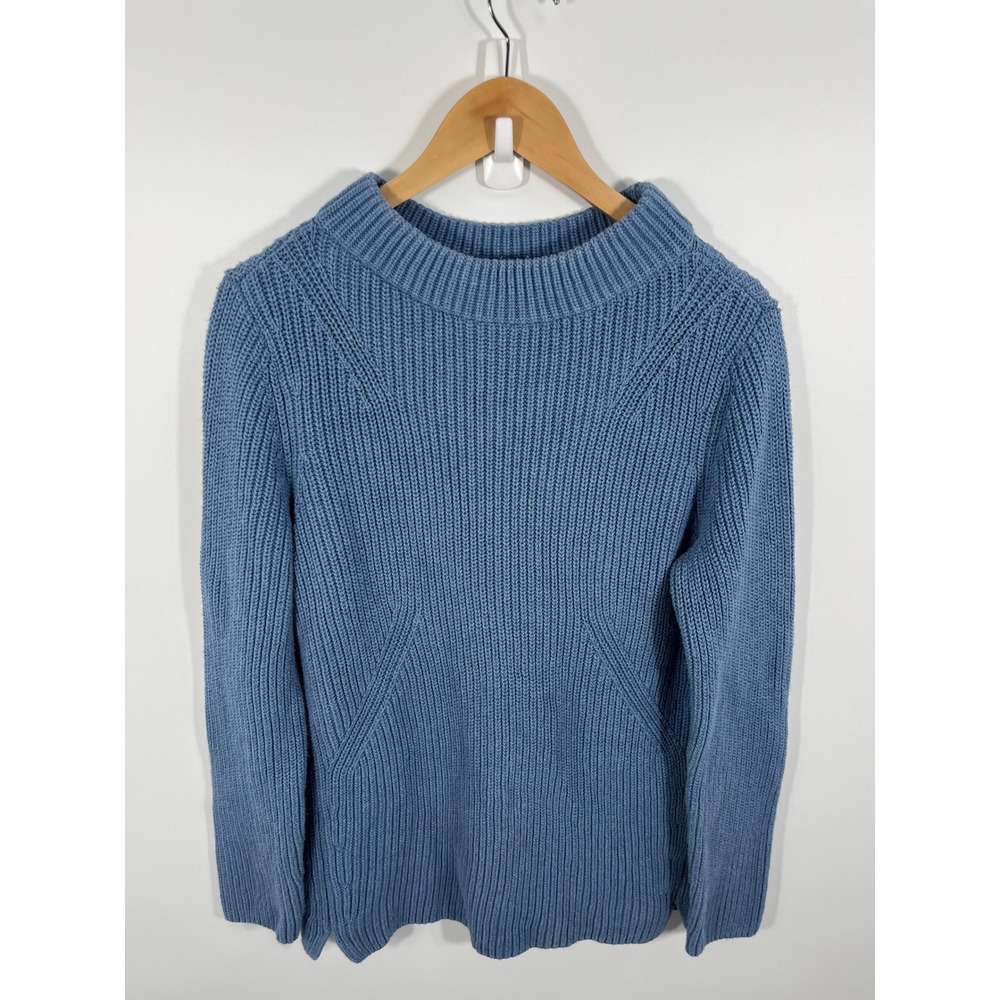 Talbots Womens 100% Cotton Mock Neck Sweater L Blue Chunky Fisherman New England